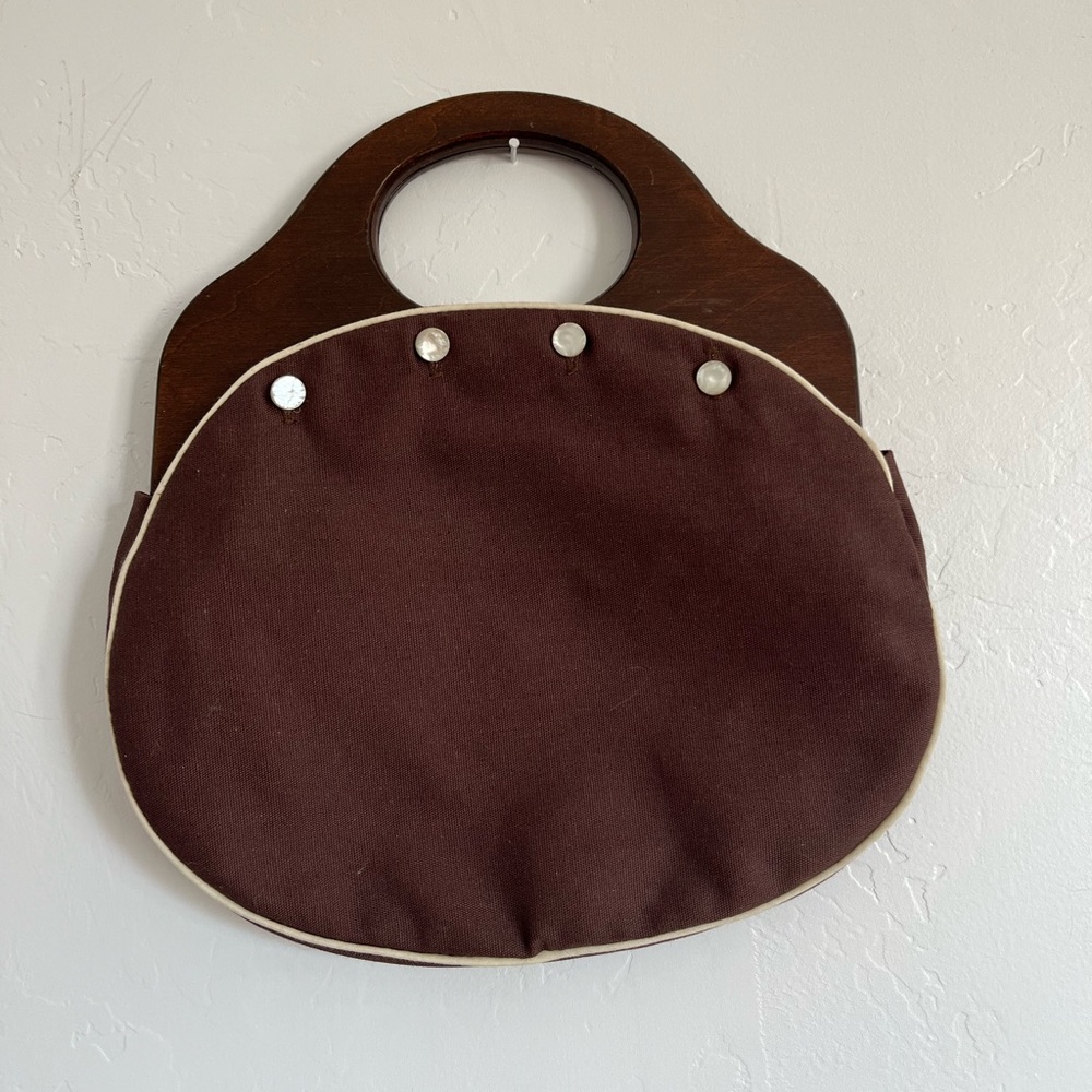 Brown and Cream Women's Tote Bag with Wooden Handles - Picture 2 of 9
